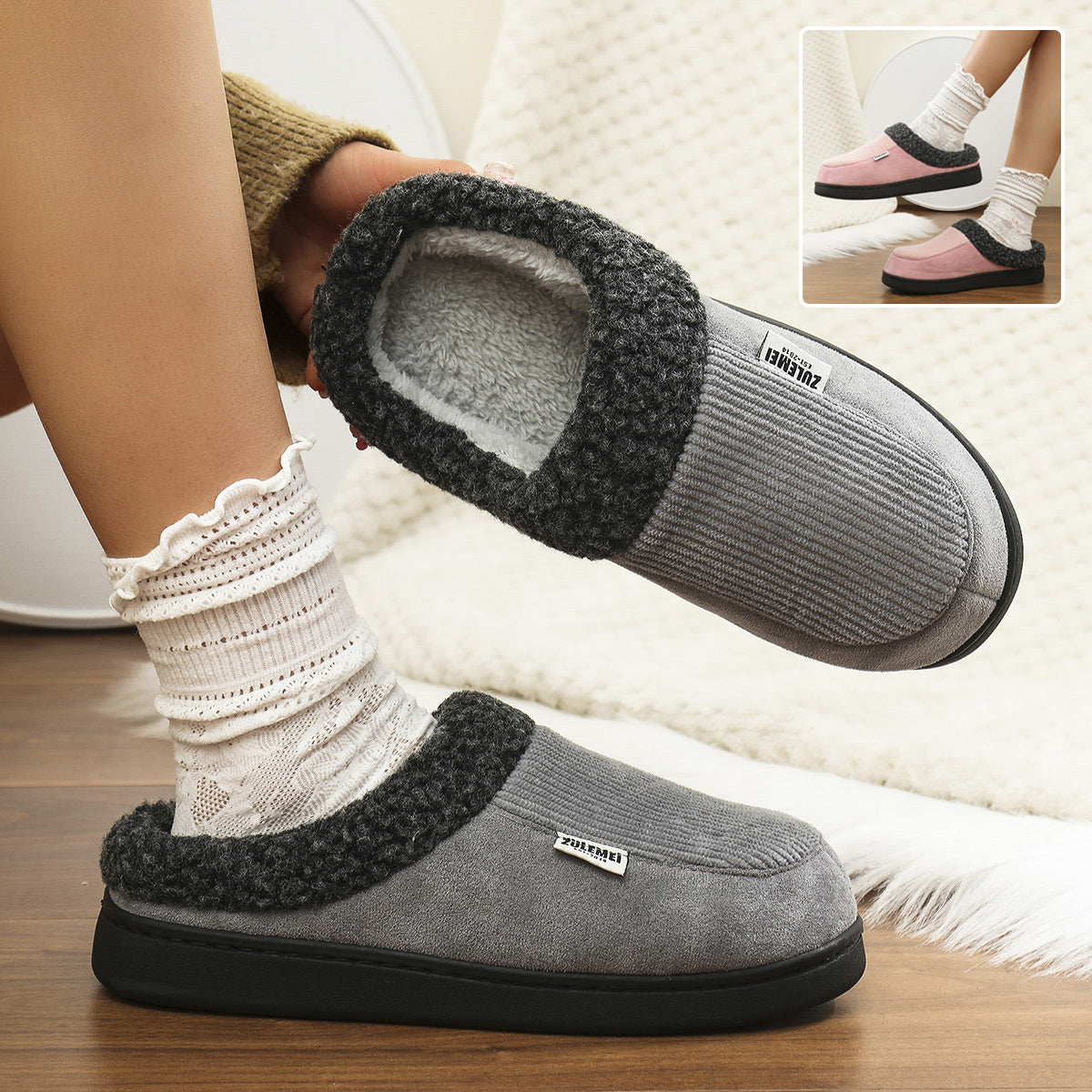 Solid Striped Cotton Slippers Thick Sole