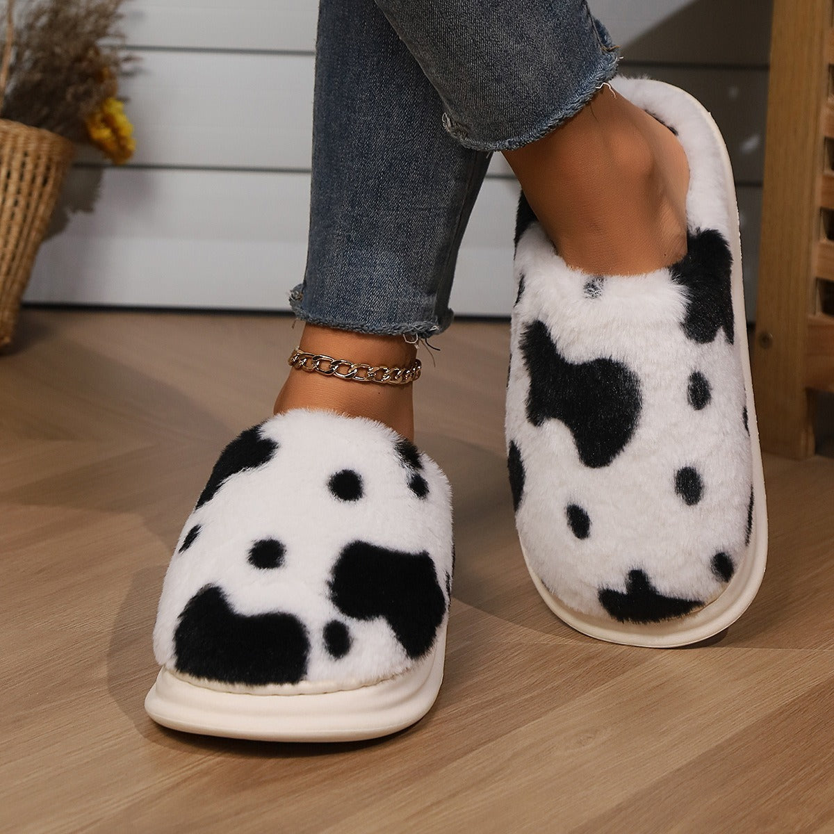 Cute Cow Spotted Plush Slippers