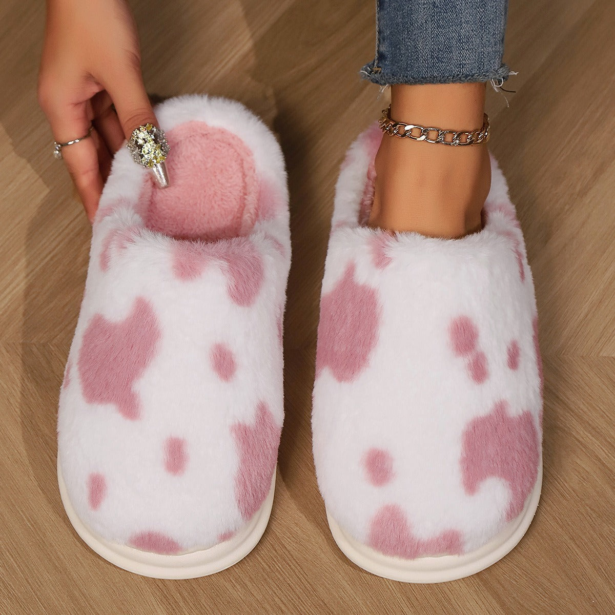 Cute Cow Spotted Plush Slippers