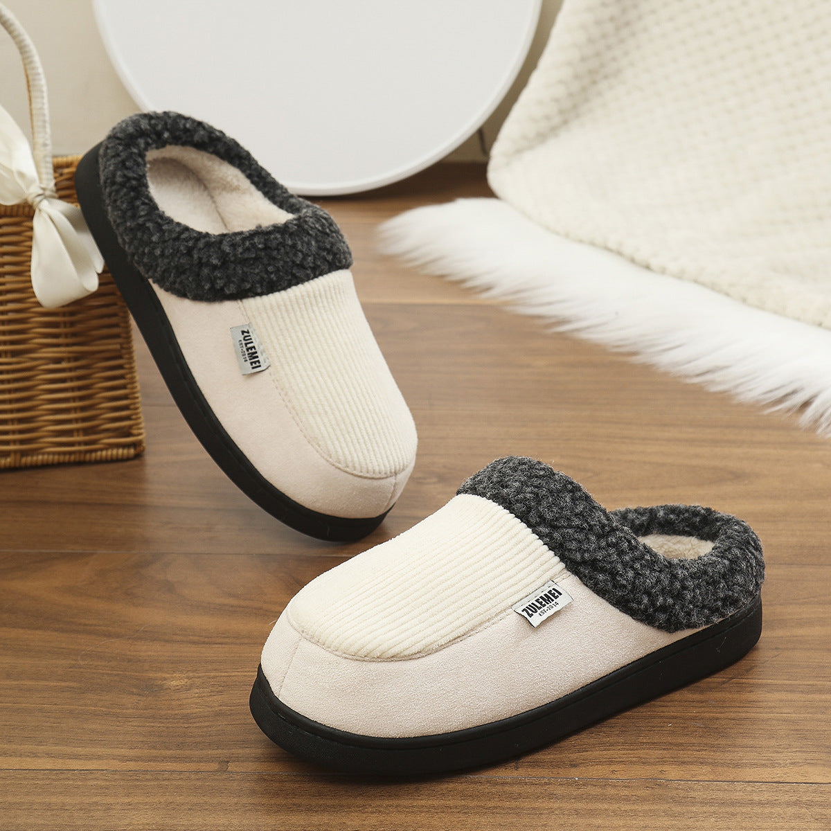 Solid Striped Cotton Slippers Thick Sole