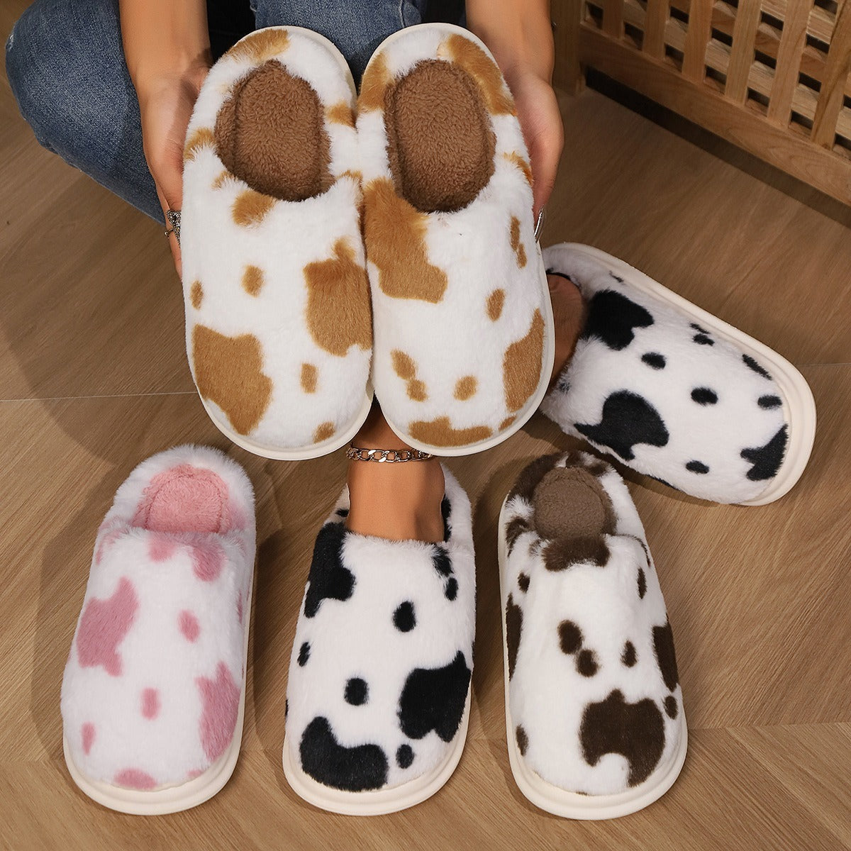 Cute Cow Spotted Plush Slippers