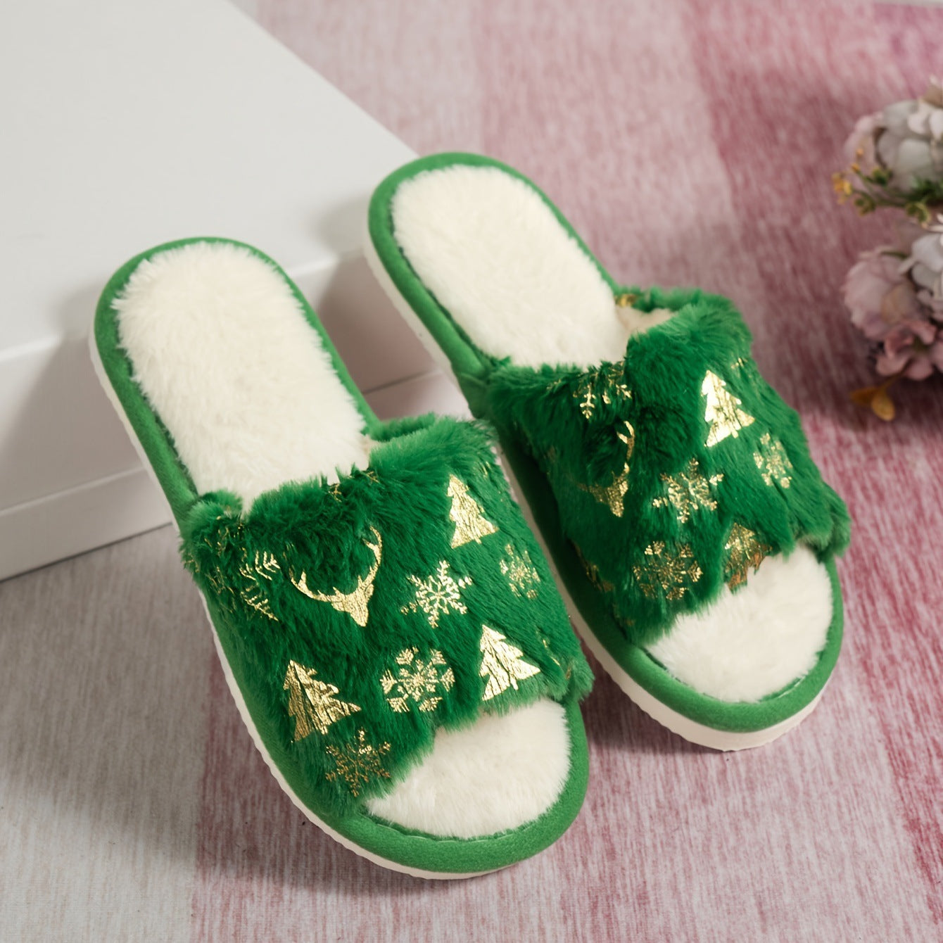 Christmas Plush Open Toe Cotton Slippers