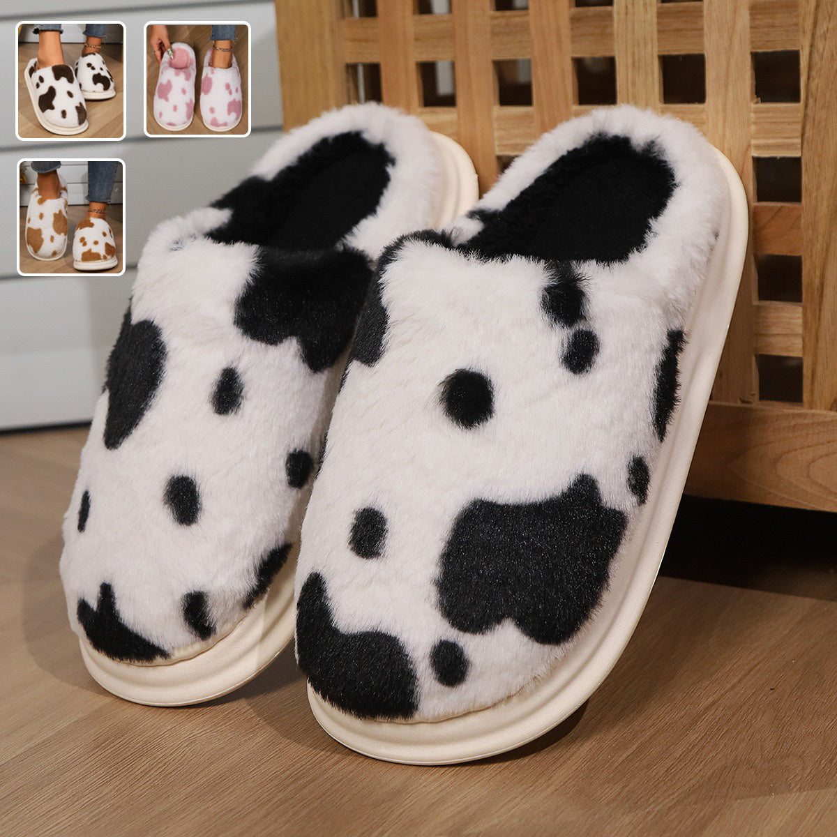 Cute Cow Spotted Plush Slippers