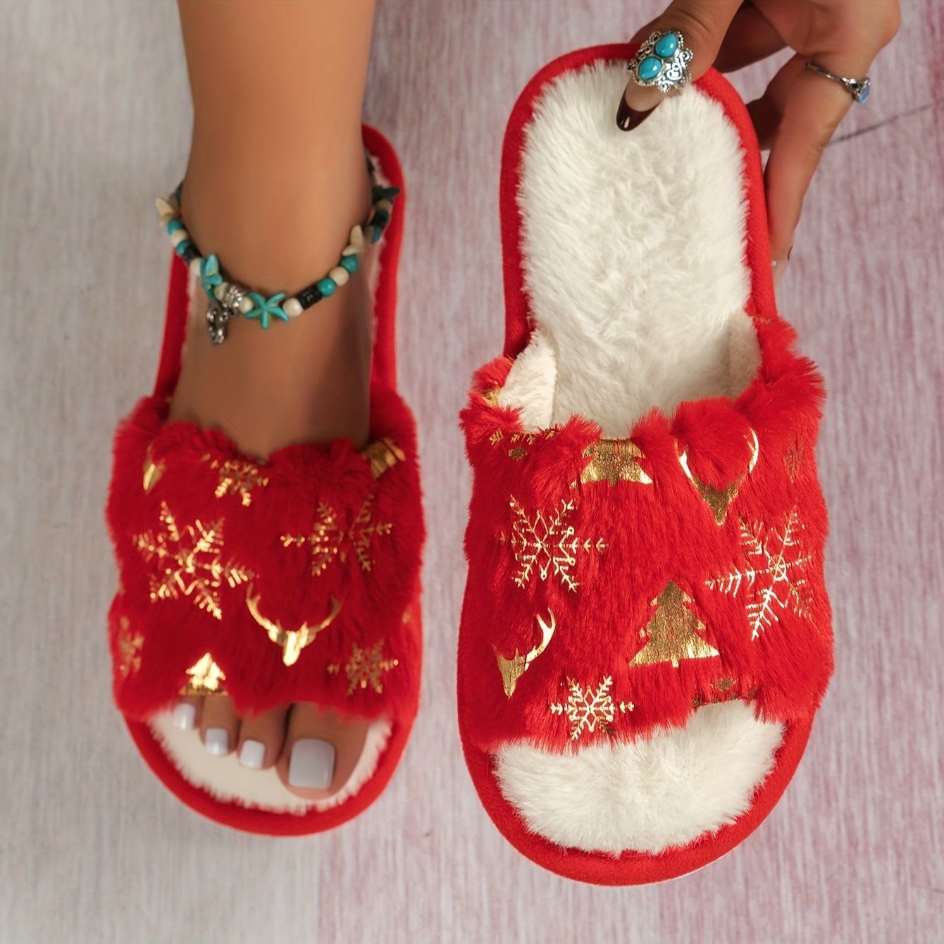 Christmas Plush Open Toe Cotton Slippers